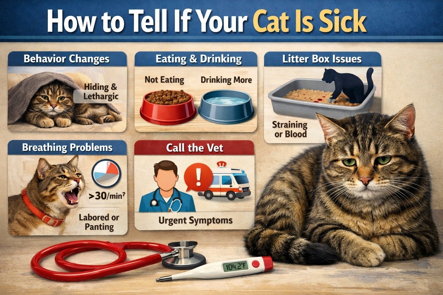 pet care, cat health, signs your cat is sick, sick cat symptoms, how to tell if your cat is sick, cat behavior changes, cat not eating, cat drinking more water, cat lethargy, cat hiding, cat vomiting, cat diarrhea, cat constipation, cat fever, cat dehydration signs, cat breathing fast, cat respiratory distress, cat sneezing and runny nose, cat eye discharge, cat weight loss, cat grooming changes, cat litter box changes, cat straining to pee, cat urinary blockage, when to take cat to the vet, cat emergency signs, cat health check at home, cat wellness monitoring, cat pain signs, kitten health symptoms, senior cat health, pet owner guide, veterinary care