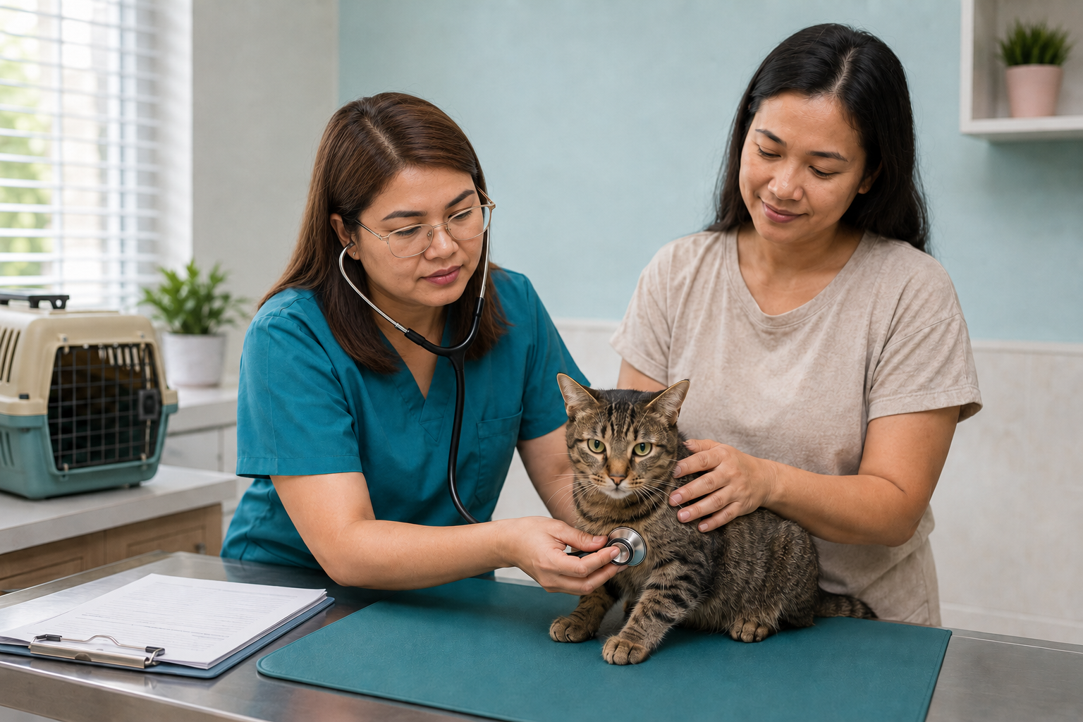 Veterinarian checking an adult tabby cat during a wellness examination in Polomolok, veterinary clinic Polomolok