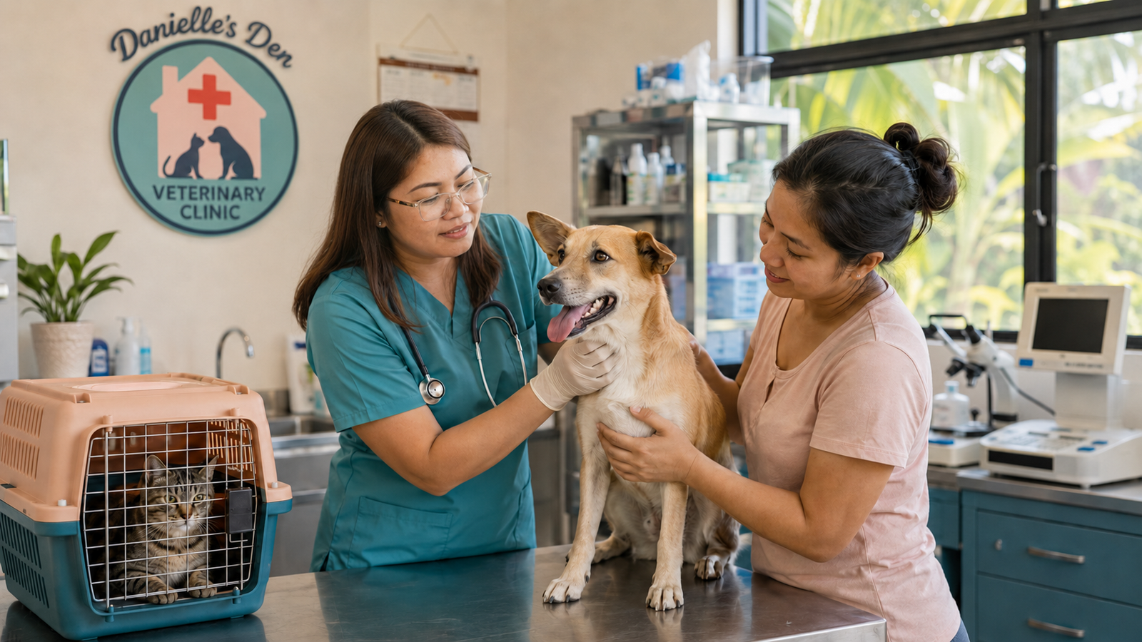 Filipino veterinarian examining a dog beside a cat carrier at a veterinary clinic in Polomolok, South Cotabato, veterinary clinic Polomolok